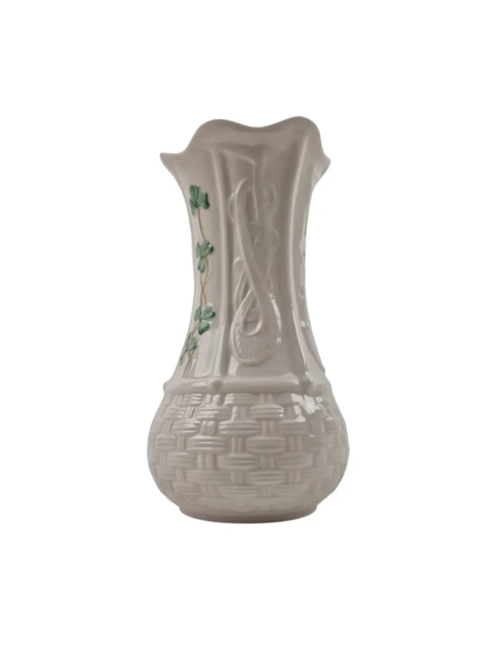 Belleek Shamrock Kells Vase Porcelain 6 in Basketweave Green Mark Vintage